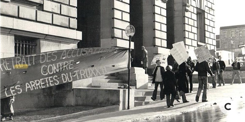 manifestation pour le retrait des accusations contre les personnes arrêtées lors de la descente de la police au bar Truxx à Montréal en 1977